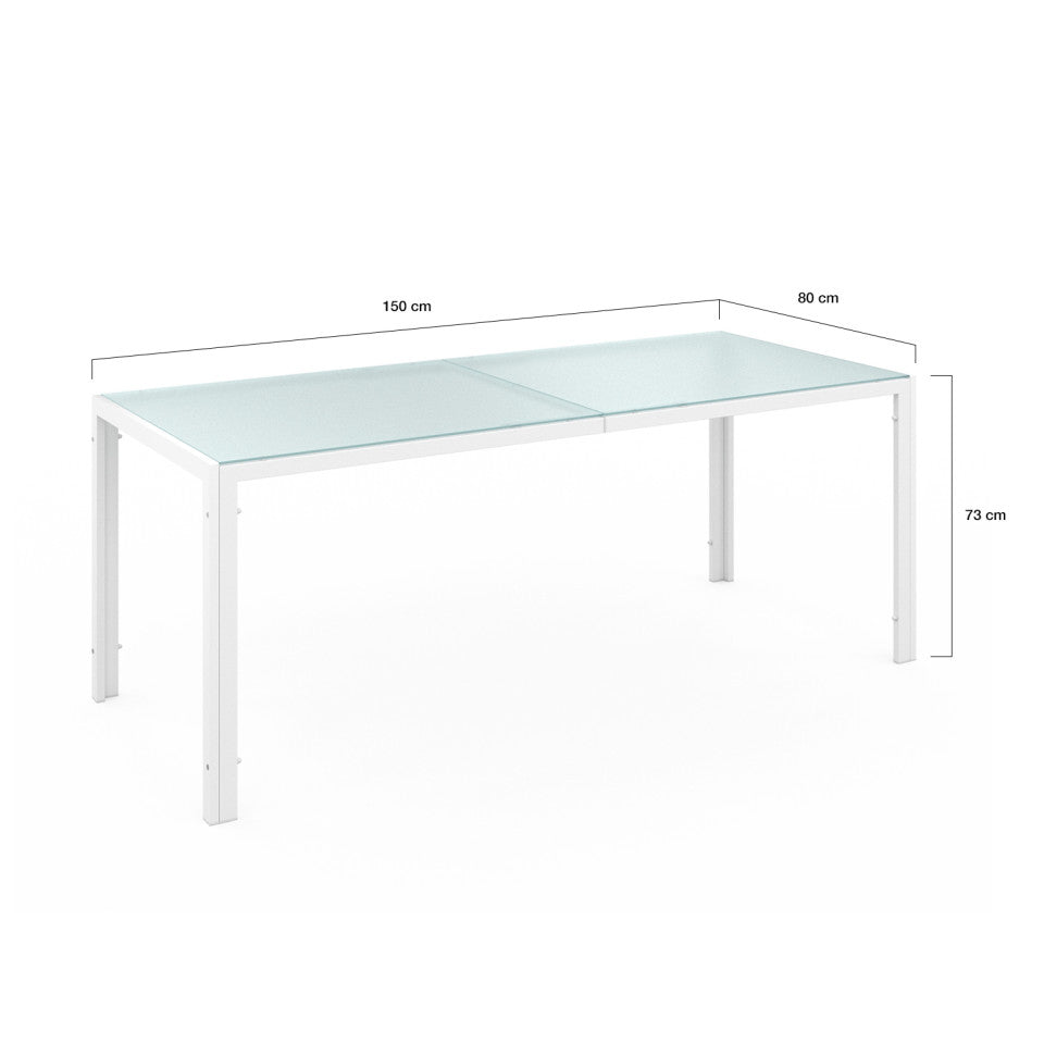 Ensemble de jardin Minorca 8 places en textilène et verre trempé blanc et beige