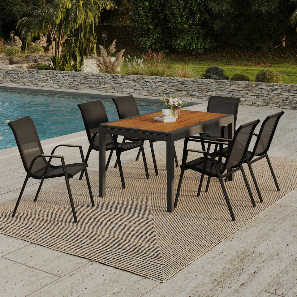 Ensemble repas extensible Timbia 12 places noir et verre trempé effet bois