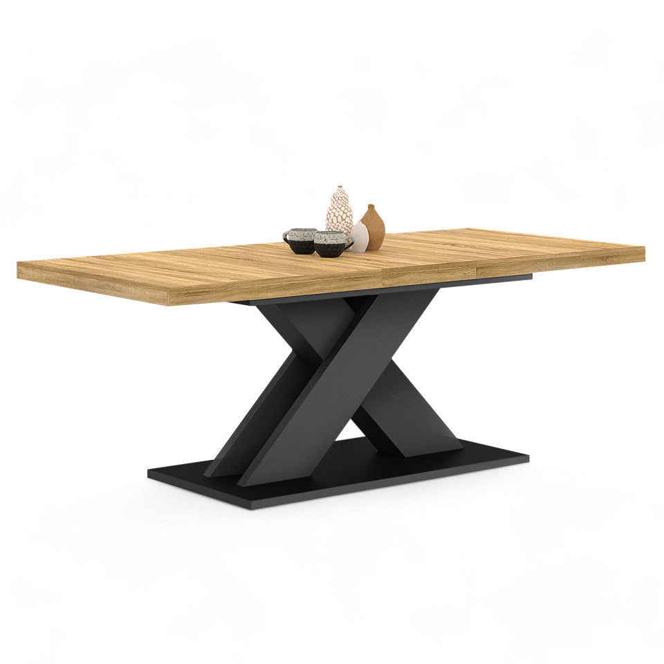 Table repas extensible Alexia 160-200cm plateau bois et pieds central noir