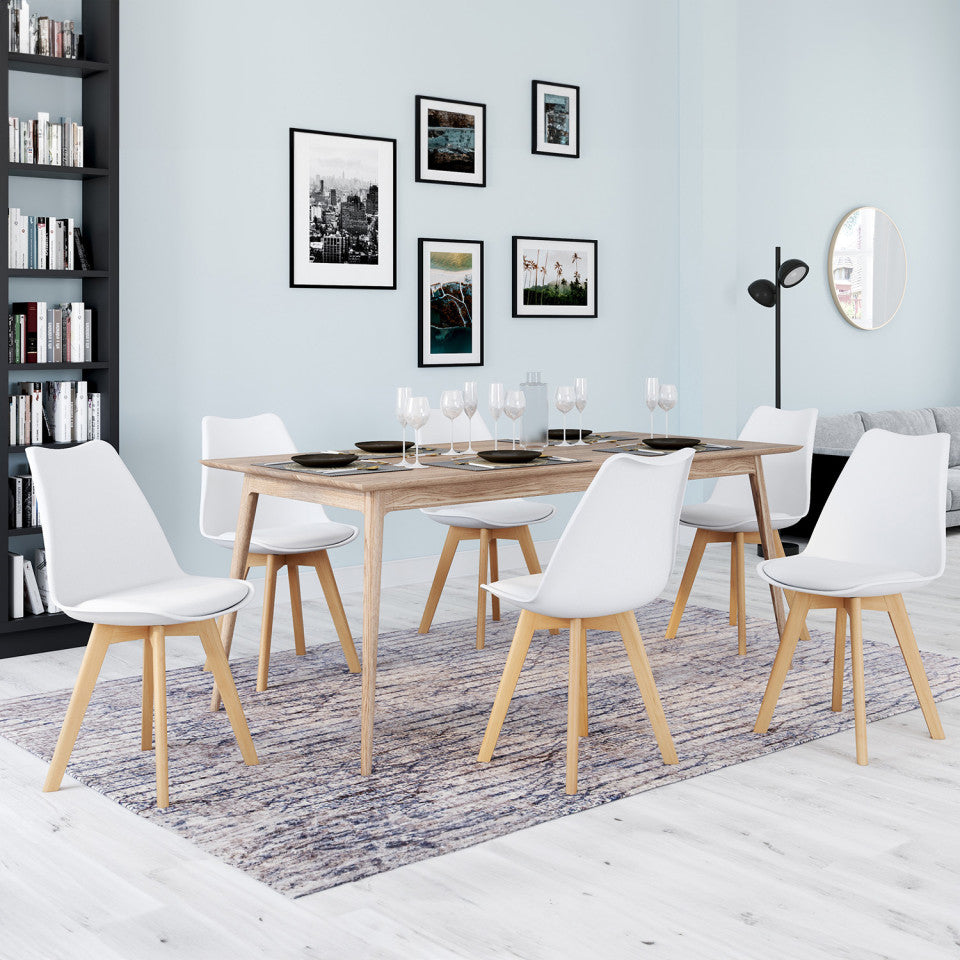 Chaises Nordia assise blanche et pieds bois - lot de 6