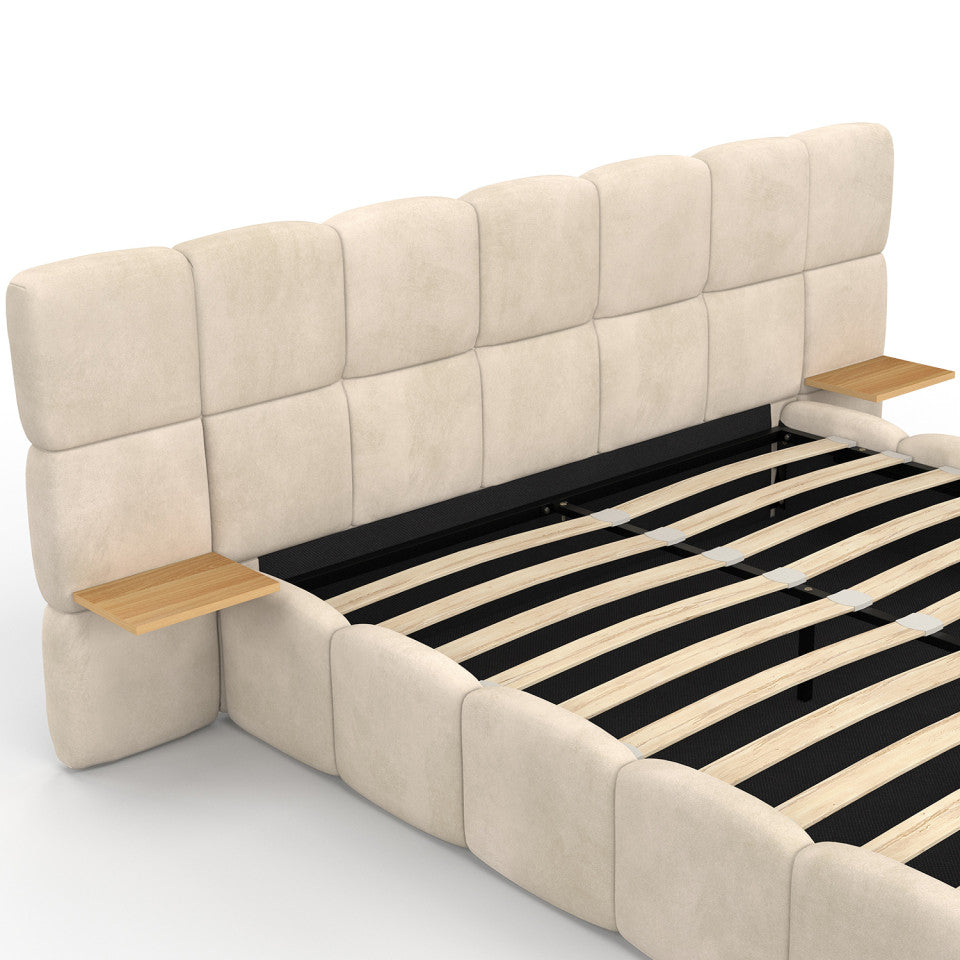 Lit coffre Bubble 140x190cm velours beige chevets intégrés