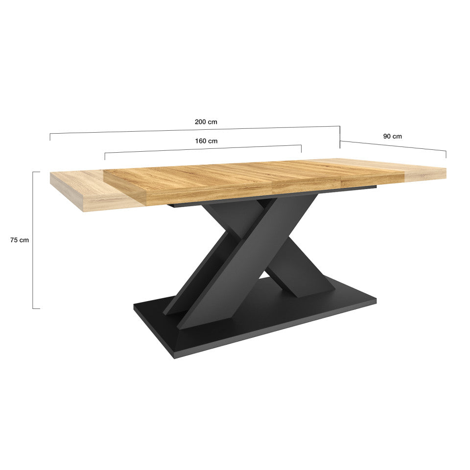 Table repas extensible Alexia 160-200cm plateau bois et pieds central noir