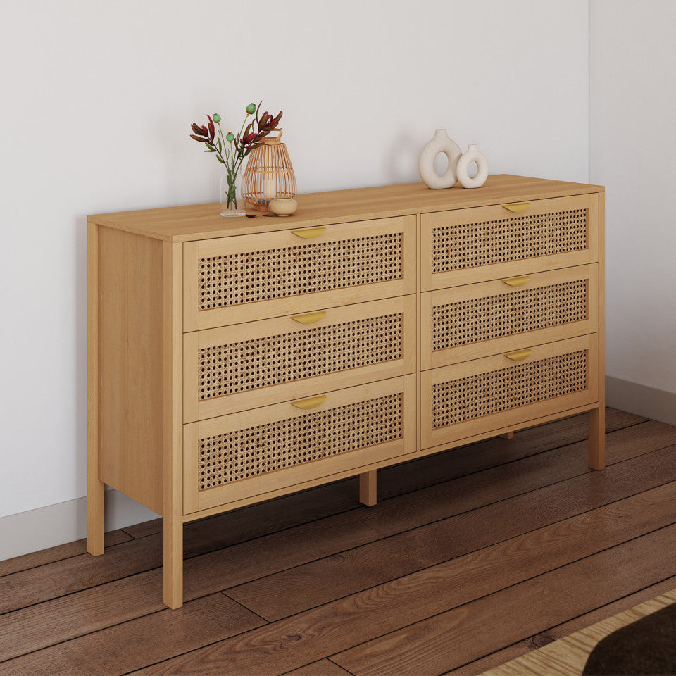 Commode Eve 6 tiroirs en cannage 140cm