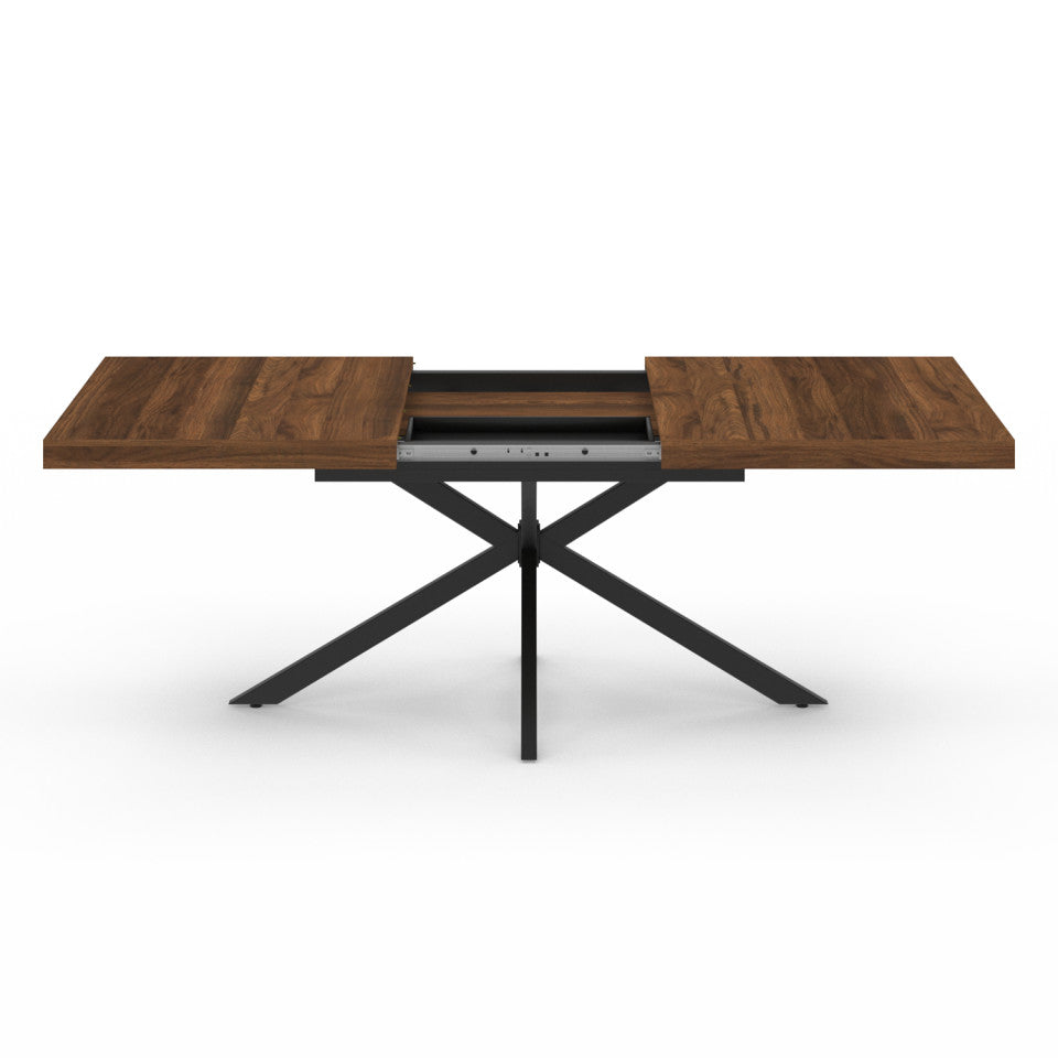 Table repas extensible Spider 160-200cm plateau bois effet noyer avec rangement et pieds croisés noirs