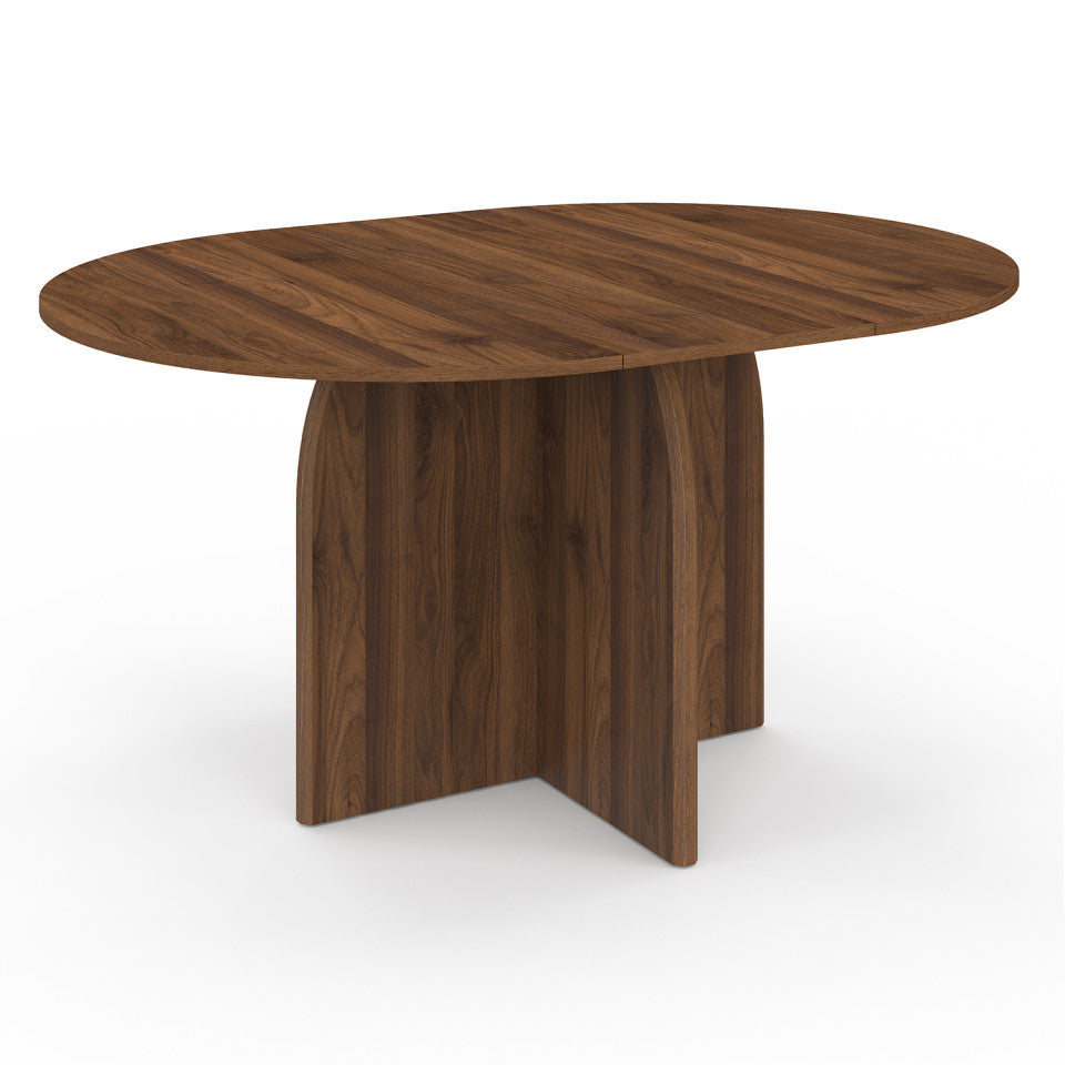 Table à manger ronde extensible Japandi pied central effet noyer Ø110-150cm