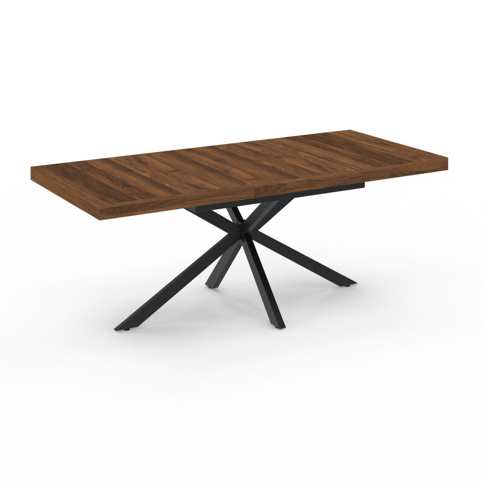 Table repas extensible Spider 160-200cm plateau bois effet noyer avec rangement et pieds croisés noirs