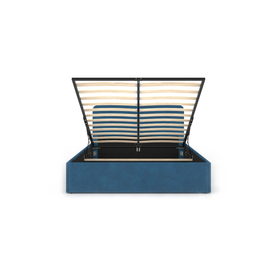 Lit coffre Louise en velours bleu avec sommier et tête de lit arrondie 140x190cm