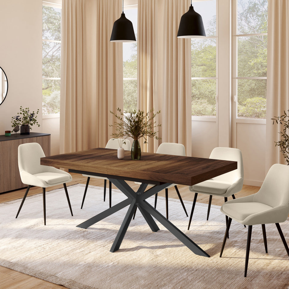Table repas extensible Spider 160-200cm plateau bois effet noyer avec rangement et pieds croisés noirs