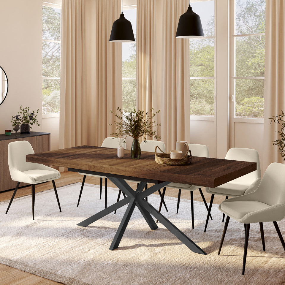 Table repas extensible Spider 160-200cm plateau bois effet noyer avec rangement et pieds croisés noirs