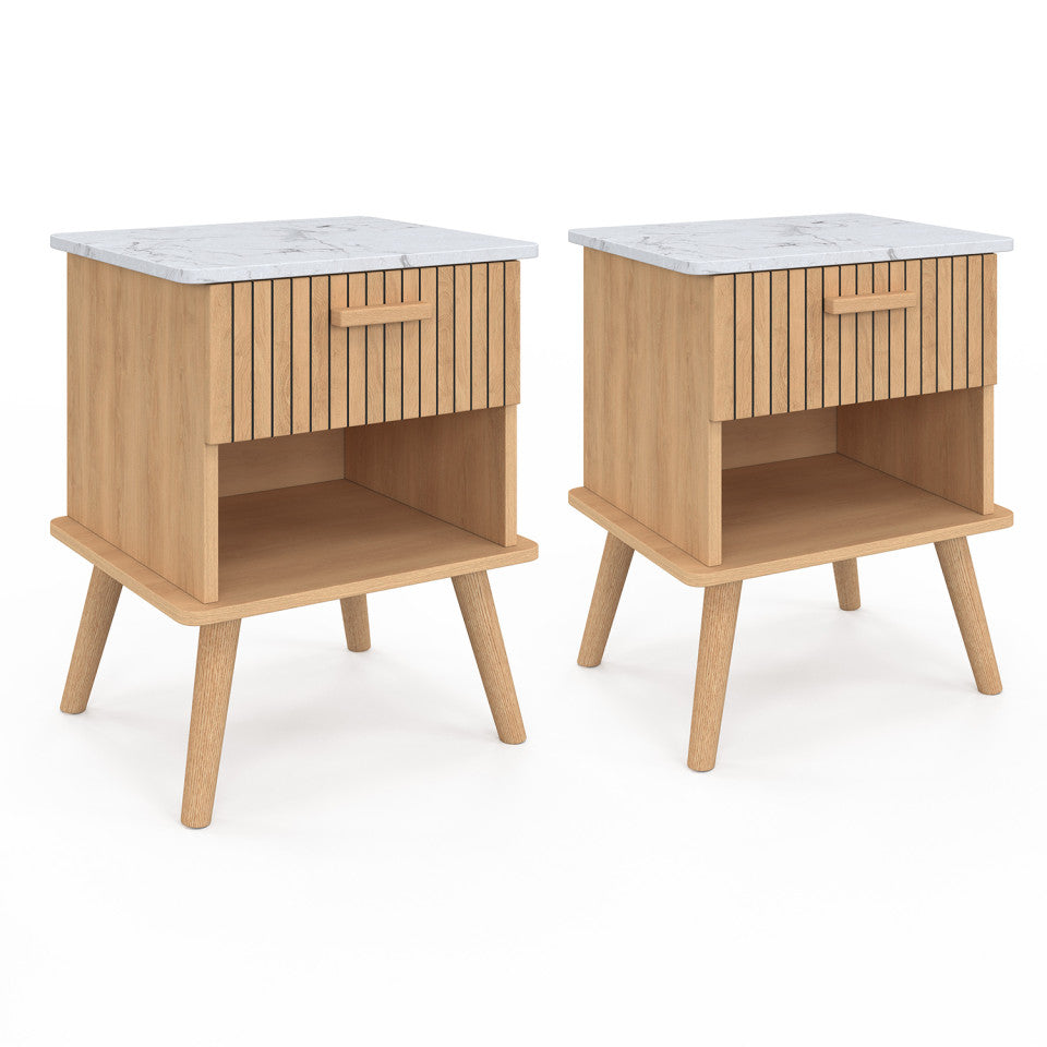 Tables de chevet Marceau effet lattes et dessus marbre 1 tiroir - lot de 2