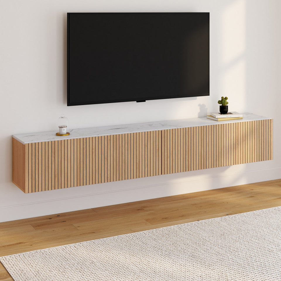 Meuble TV suspendu Marceau effet lattes et dessus marbre L180cm