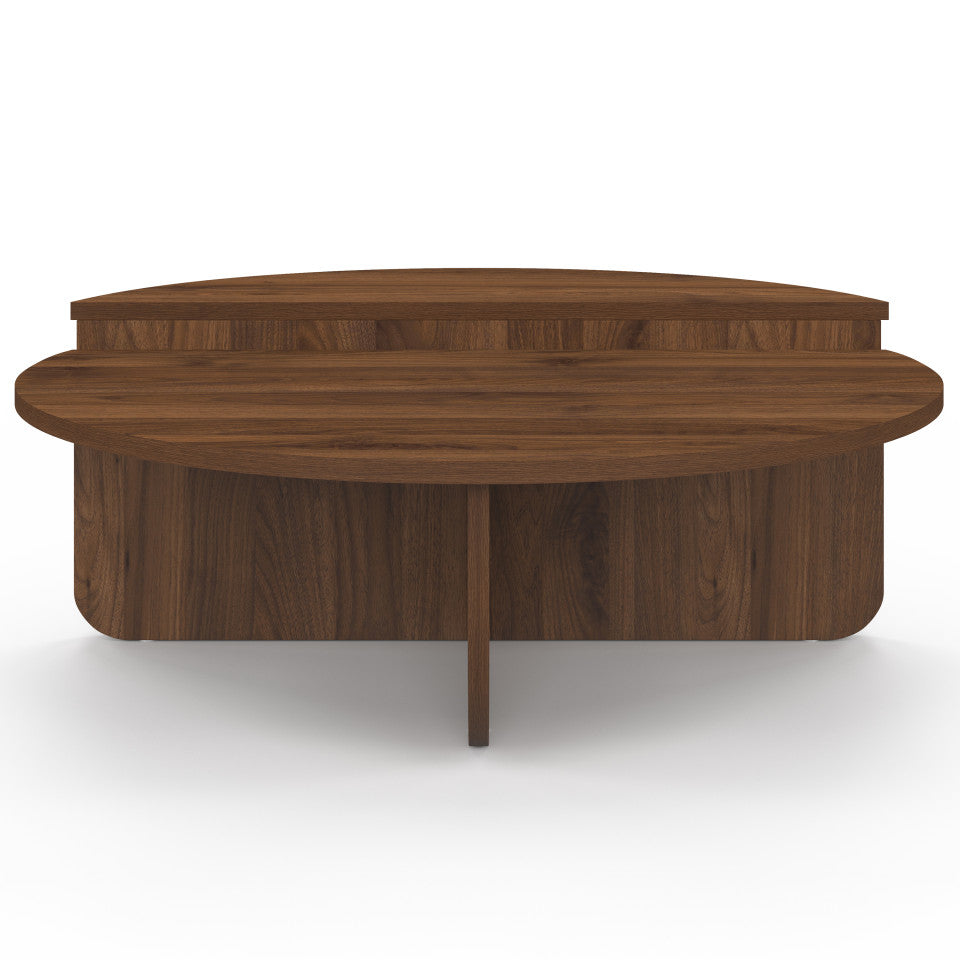 Tables basses rondes asymétriques effet bois noyer