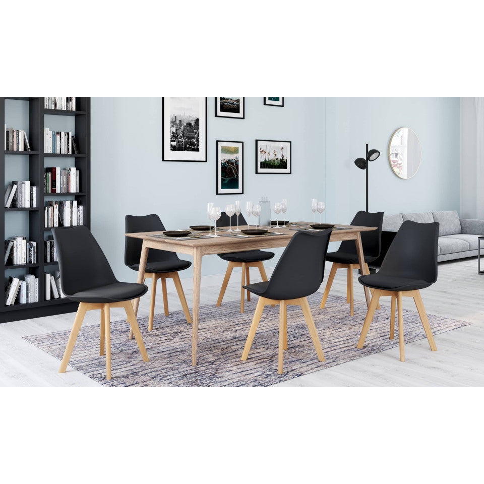 Chaises Nordia assise noire et pieds bois - lot de 6