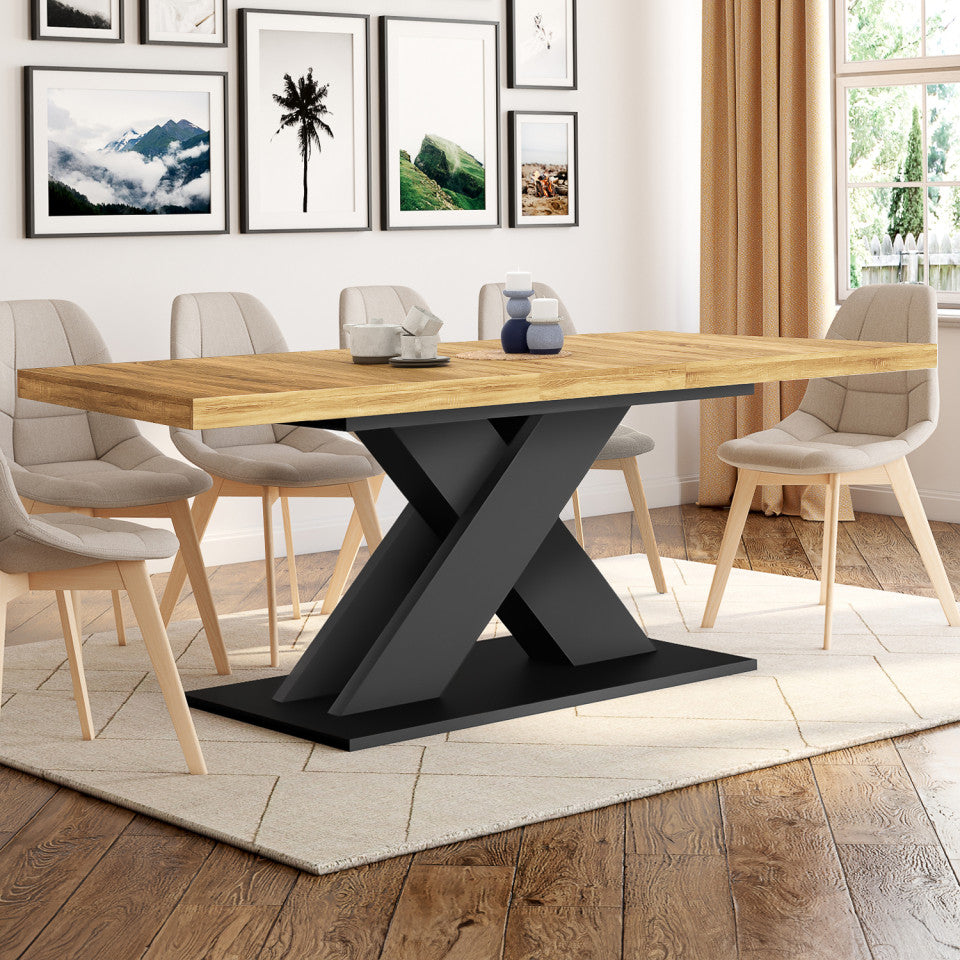 Table repas extensible Alexia 160-200cm plateau bois et pieds central noir