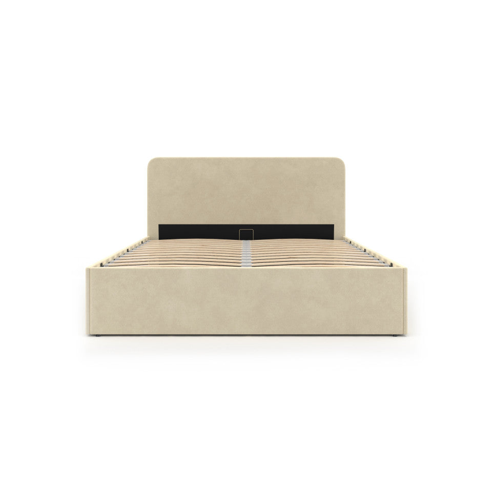 Lit coffre Louise en velours beige avec sommier et tête de lit arrondie 140x190cm