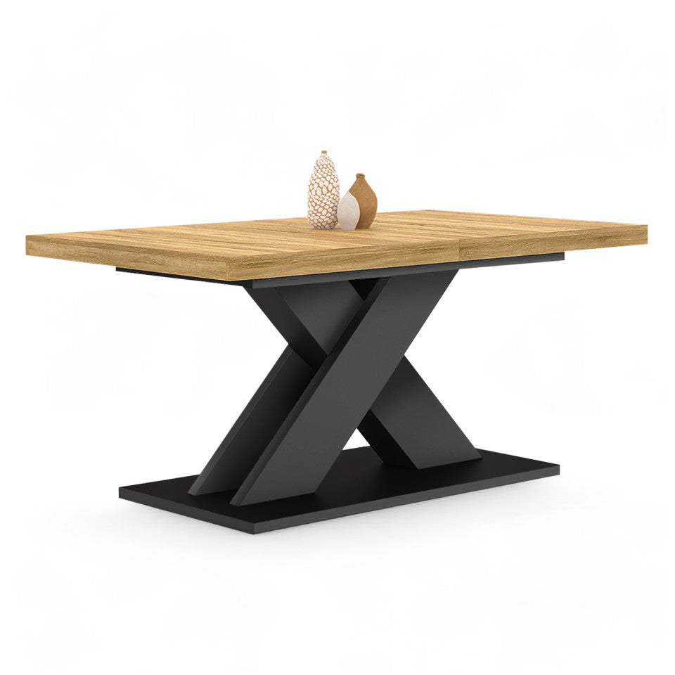 Table repas extensible Alexia 160-200cm plateau bois et pieds central noir