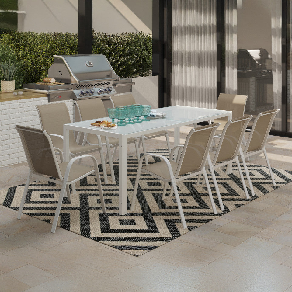 Ensemble de jardin Minorca 8 places en textilène et verre trempé blanc et beige