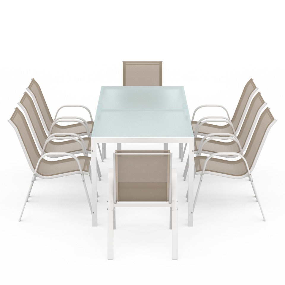 Ensemble de jardin Minorca 8 places en textilène et verre trempé blanc et beige
