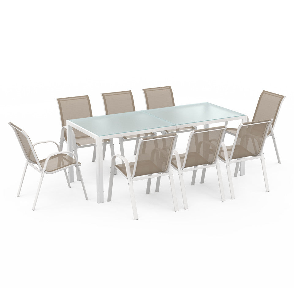 Ensemble de jardin Minorca 8 places en textilène et verre trempé blanc et beige
