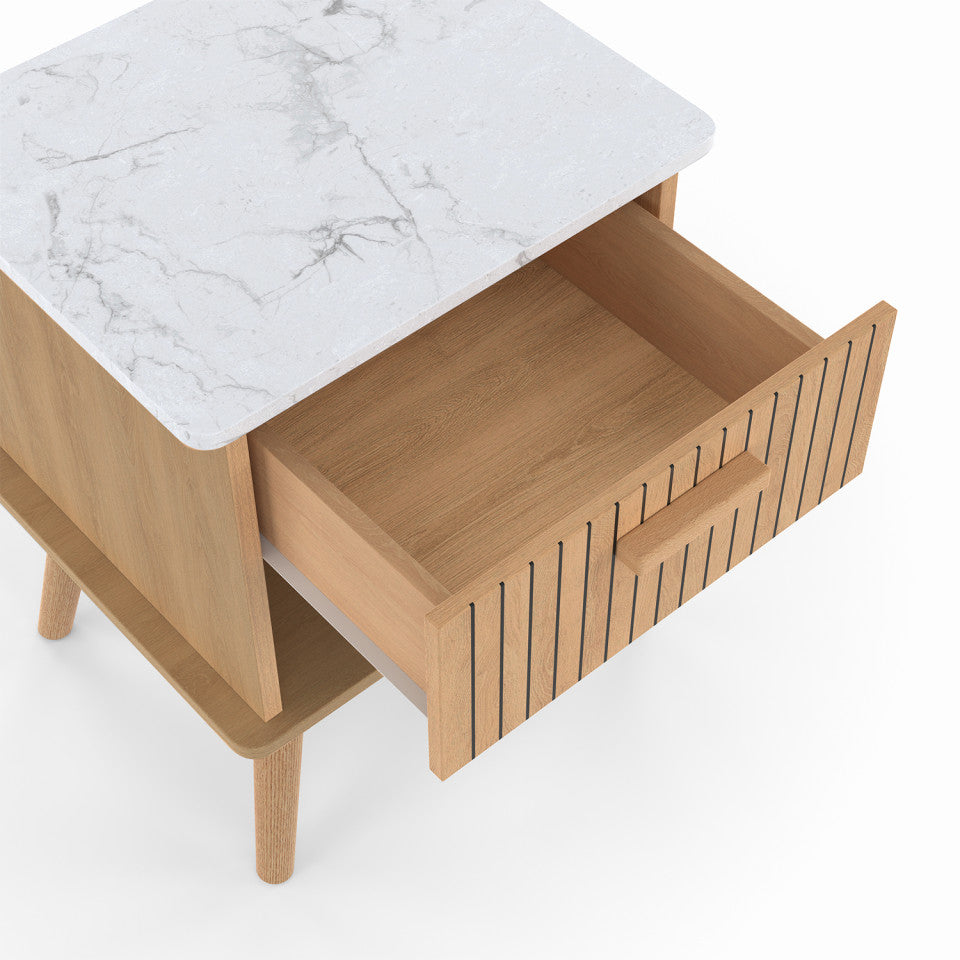 Tables de chevet Marceau effet lattes et dessus marbre 1 tiroir - lot de 2