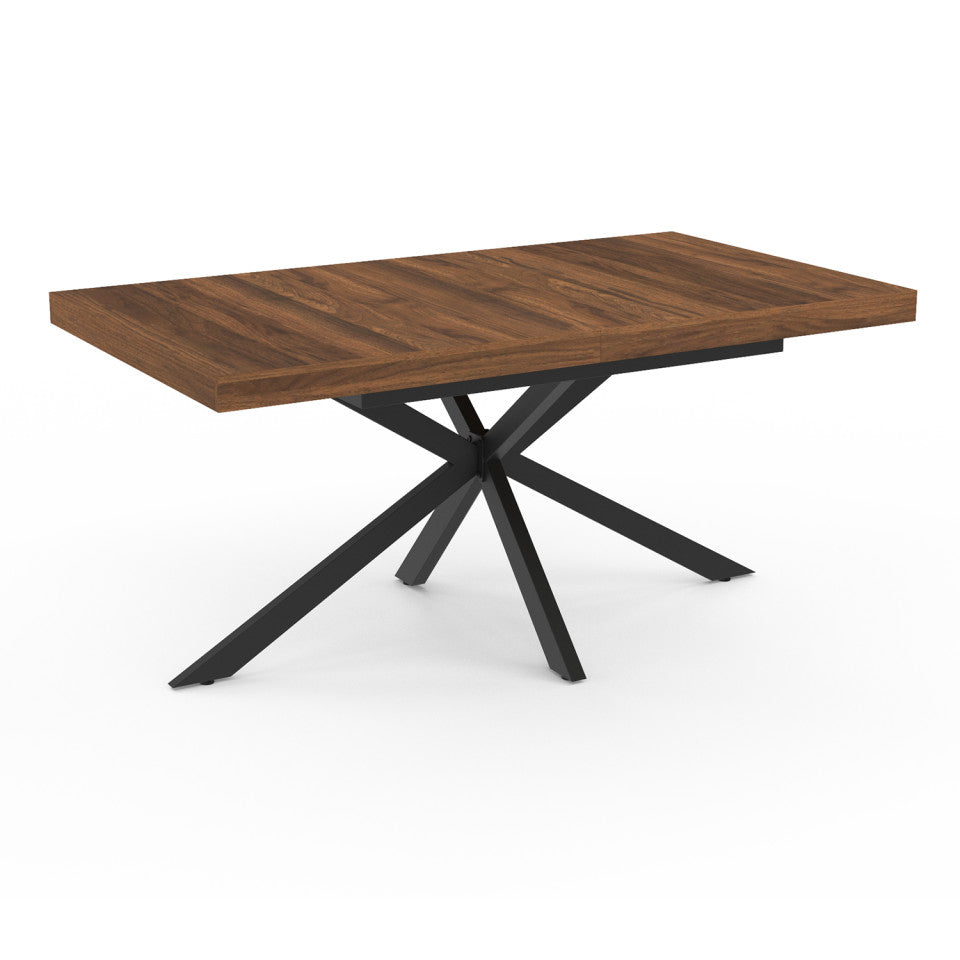 Table repas extensible Spider 160-200cm plateau bois effet noyer avec rangement et pieds croisés noirs