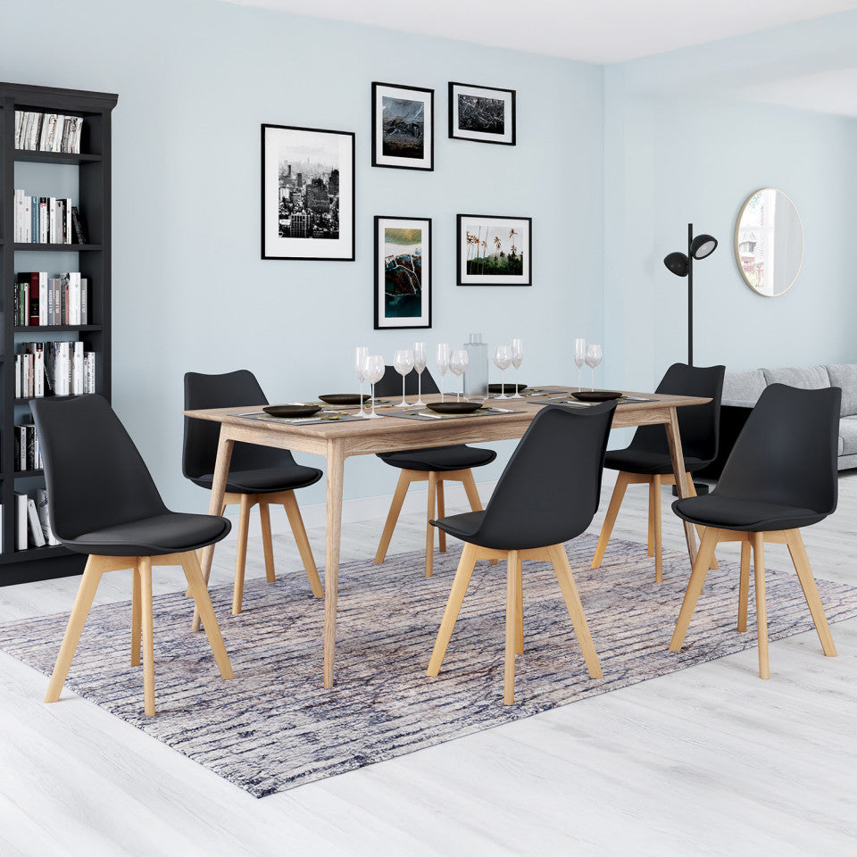 Chaises Nordia assise noire et pieds bois - lot de 6