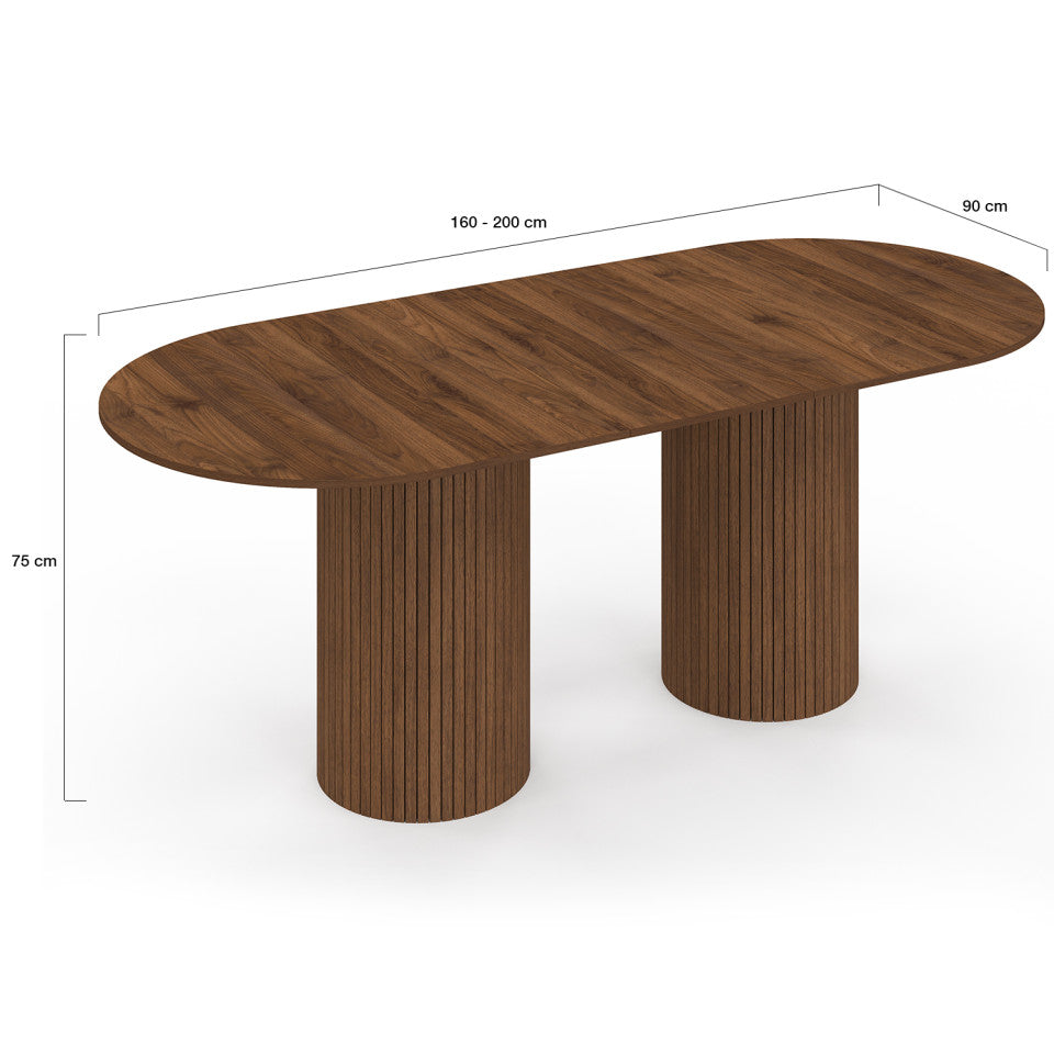Table à manger extensible Albane 160-200cm 2 pieds pylône effet noyer