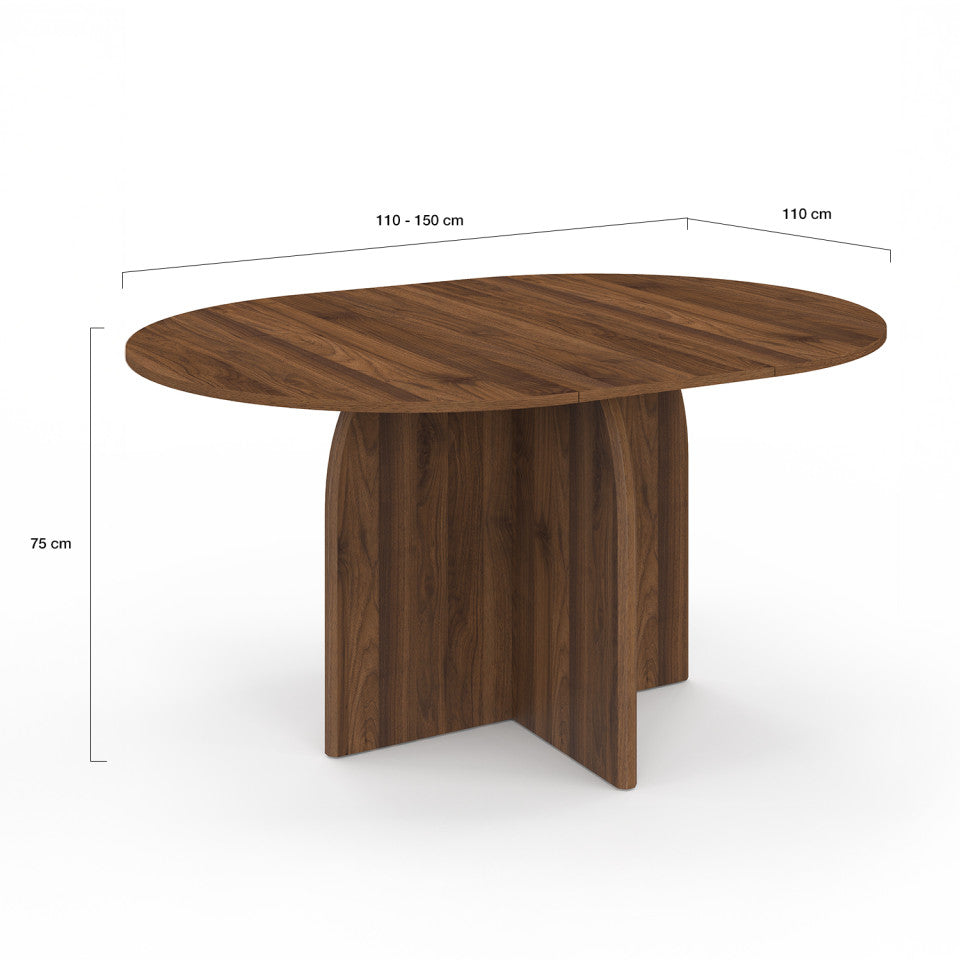 Table à manger ronde extensible Japandi pied central effet noyer Ø110-150cm