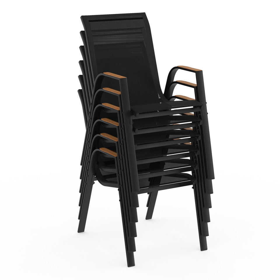 Ensemble repas Timbia 8 places noir et verre trempé effet bois