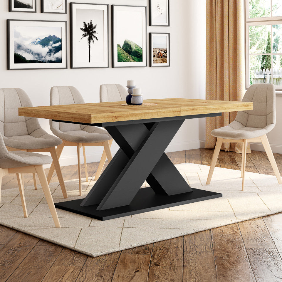 Table repas extensible Alexia 160-200cm plateau bois et pieds central noir