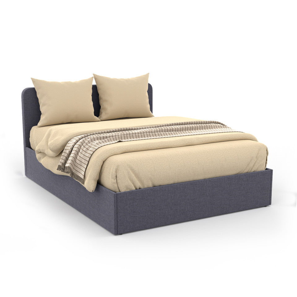 Lit coffre Louise en tissu gris avec sommier et tête de lit arrondie 140x190cm