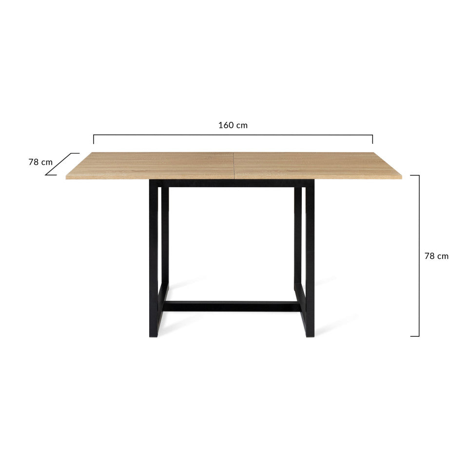 Table repas Memphis plateau dépliant 80-160 cm bois et pieds noirs